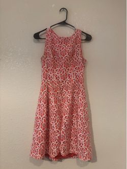 Eva Mendes Coral & White Floral Lace Sleeveless A-Line Cocktail Dress