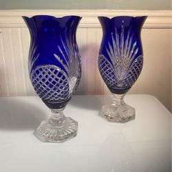 Pair Of Large Bohemian Cobalt Cut Crystal Vases