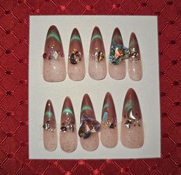 Press-On Nails | X-Long Stilletto | Brown & Green Duochrome Cateye Tip w/ Bling (#4)