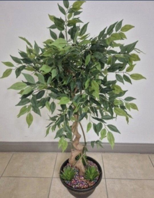 54" Faux Ficus Tree Topped with Bohemian Rainbow Stone / Succulent Greenery in a 12" Resin Planter @ Lasting Creations