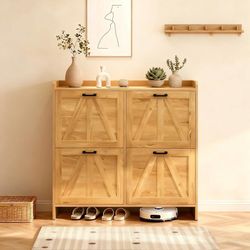 Light Oak Farmhouse Shoe Cabinet with 4 Flip Drawers, Entryway Storage Organizer – Freestanding Narrow Wooden Shoe Rack for Front Door, Hallway, Livin