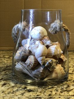 Nautical glass container with hand picked shells from Naples Florida.