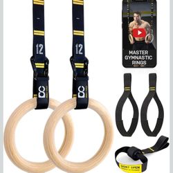 Double Circle Wood Gymnastics Rings with Quick Adjust Numbered Straps 