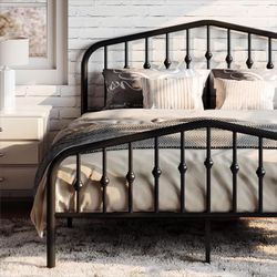 Full Size Metal Platform Bed Frame with Victorian Style Wrought Iron-Art Headboard/Footboard, No Box Spring Required, Black