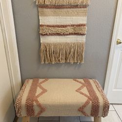 Boho Pink Bench And Tapestry Fringe Wall Hanging 