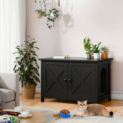 Black Wooden Cat Litter Box Enclosure Cabinet