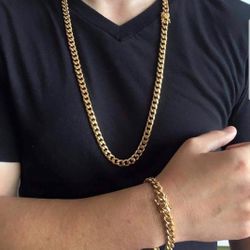8MM Cuban Link Set 14K Gold Plated Doesn't Loses Color 