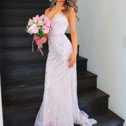 Sherri Hill Light Baby Pink Beaded Sequin Dress 