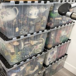 15+ Bins Of pottery,figurines, Antiques, Dolls, China 