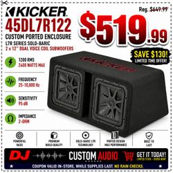 Kicker Dual Voice Coil Subwoofers 2 x 12" L7 Solo-Baric Bass Ported Enclosure 2400 Watt DL7R12 44DL7R122 🚨 No Credit Needed 🚨