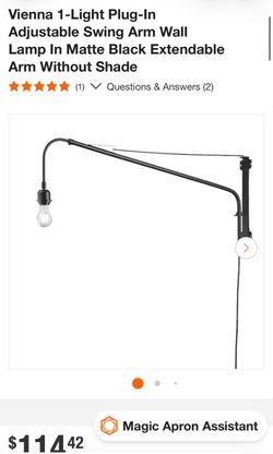 Vienna 1-Light Plug-In Adjustable Swing Arm Wall Lamp In Matte Black Extendable Arm Without Shade