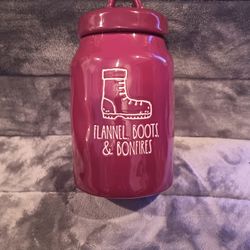 New Rae Dunn Flannel Boots & Bonfires Burgundy Canister Jar Container Holiday 2021