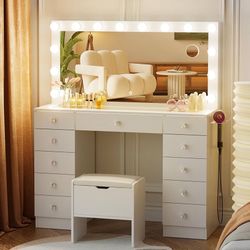 Vanity with Lighted Mirror - Makeup Vanity Desk with Glass Top and 11 Drawers, 3 Color Lighting Modes Adjustable Brightness, 46" Vanity Table with Sof