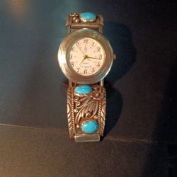 Lascala Sterling Turquoise Watch Vintage Signed Navajo Southwestern Great Christmas Present ObO.