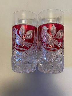 2- Hufbauer Byrdes Highball Ruby Bird Leaf Crystal Glasses