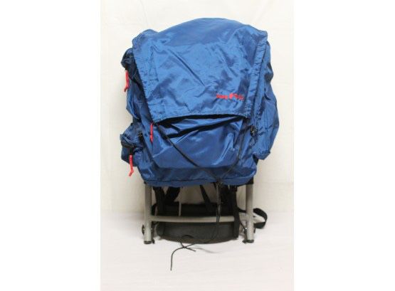 Blue Camp Trails Backpack with External Frame and Red Accents