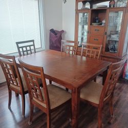 Dining Table with Leaf Extension & 6 Chairs + China Cabinet / Hutch / Credenza
