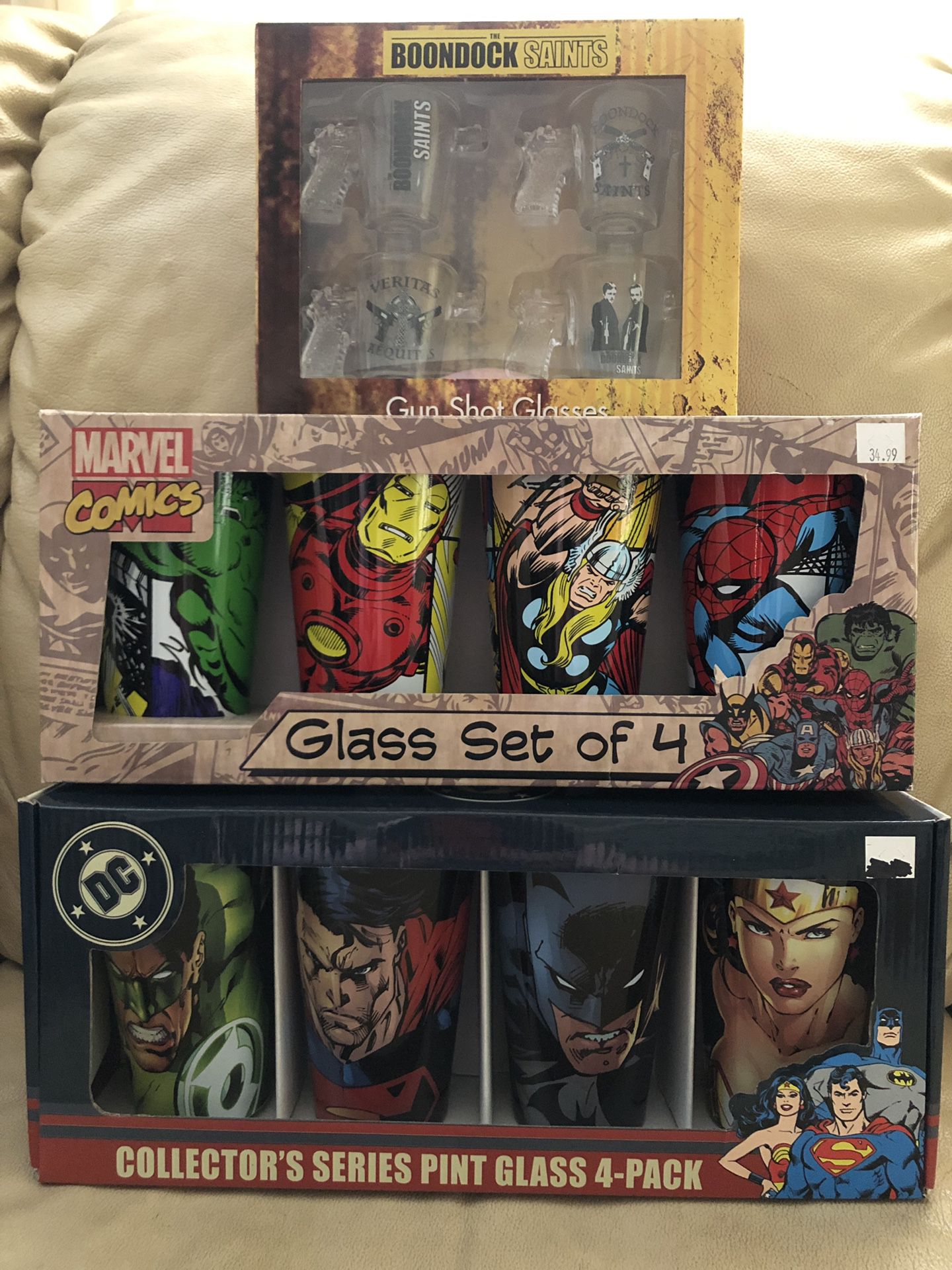 Marvel and DC comic pint glass sets. Also Shot glass set.