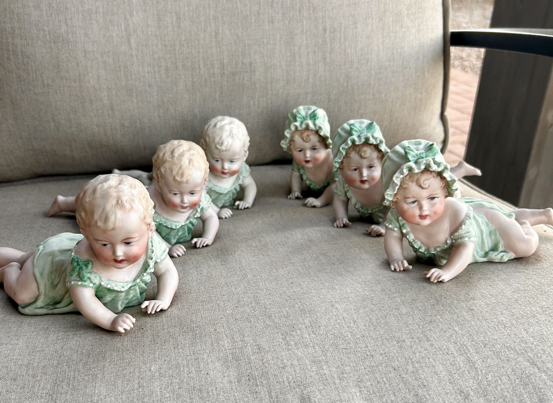 Vintage Porcelain 6 Piano Babies- 3 Boys & 3 Girls 8”L Rare Find