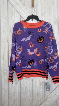 Halloween Knit Sweater Purple Pumpkin Ghost