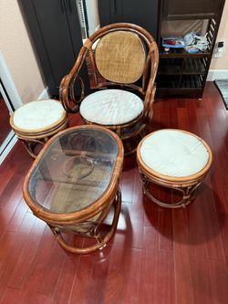 Vintage Rattan Swivel Chair And Stools With Glass Top Table