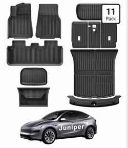 NEW Tesla Model Y Juniper Floor Mats 2025 2026, 11 PCS Full Set All Weather Non-Slip Floor Mats & Cargo Liners