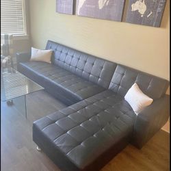 New Black Leather Futon Sectional Sofa 