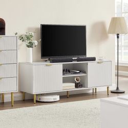Okvnbjk TV Stand for 65+ Inch TV, Modern Living Room Entertainment Center with Storage Cabinets, Waveform Panel Wood TV Cabinets with Sliding Doors