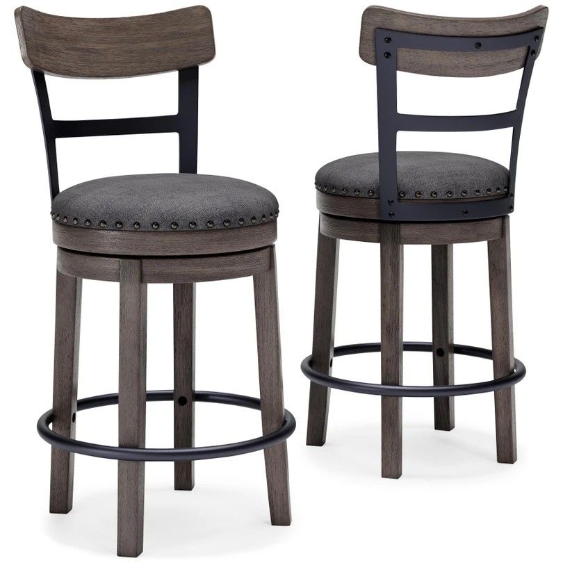 2 Counter Height Swivel Bar Stools with Contoured Backrest in Gray