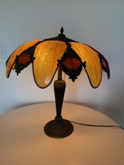Vintage Slag Glass Table Lamp Tiffany Style 16 Panel 22” Tall