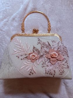 Floral Embroidered Handbag with Gold Frame