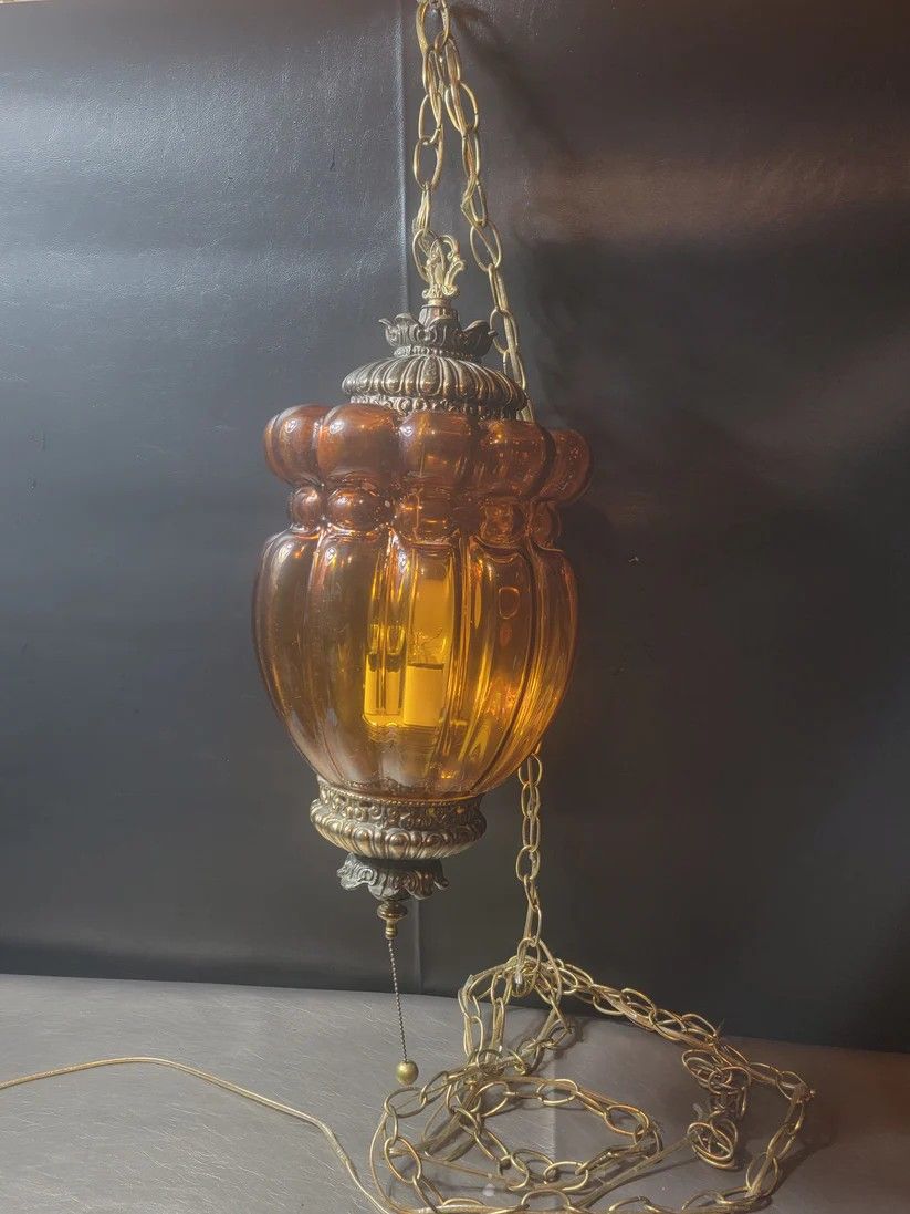 Vintage Mid Century Modern Amber Glass Swag Lamp Pendant - Retro Elegance with a Warm Glow