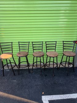 Set of 5 Metal Bar Stools with Wood Seats