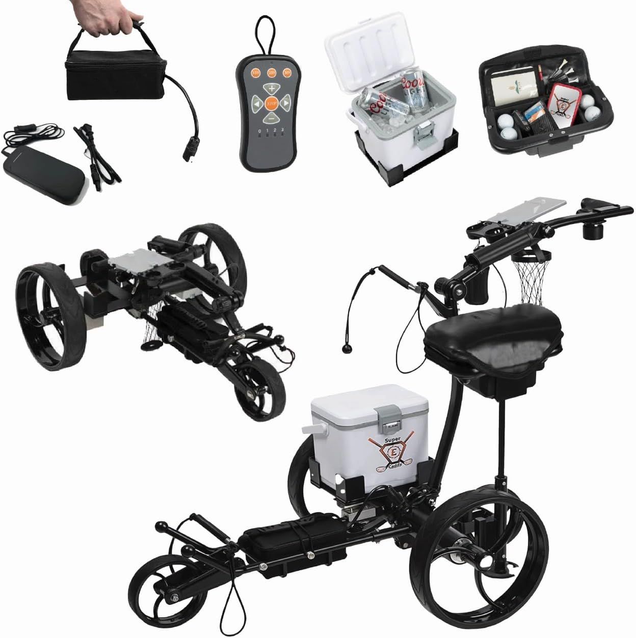 The Pro Wireless Remote Control Electric Golf Cart, Built-in 6 Pack Cooler, Seat, USB Port and Holders, 12V Lithium Battery Lasts 27 Holes Black