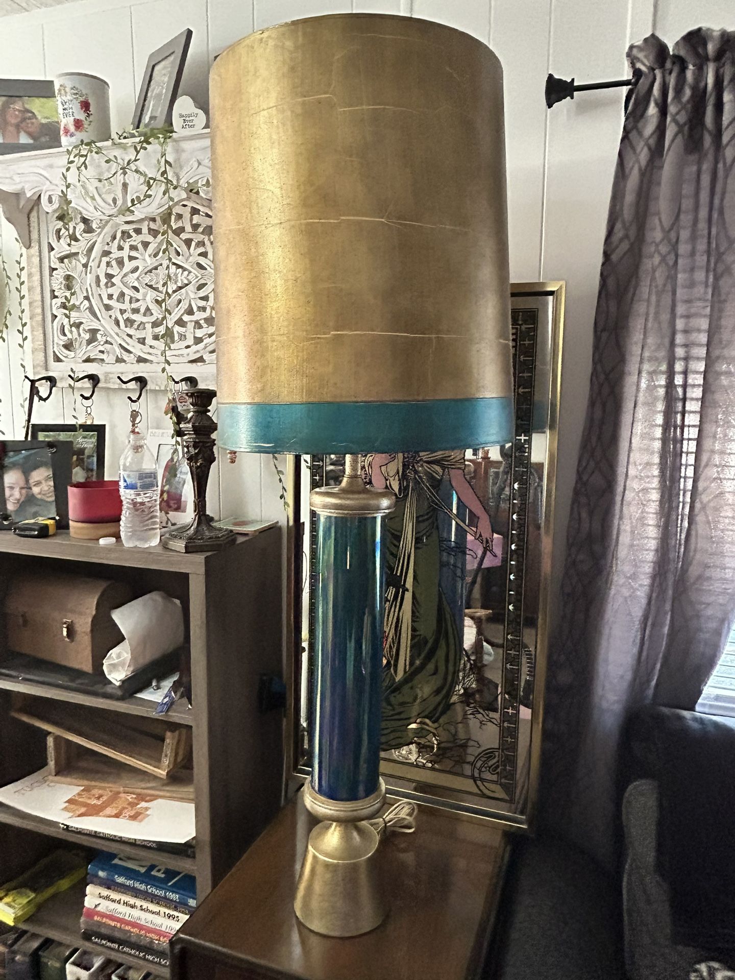 Mid Century Modern Table Lamp Crackled Gold And Metallic Looking Teal
