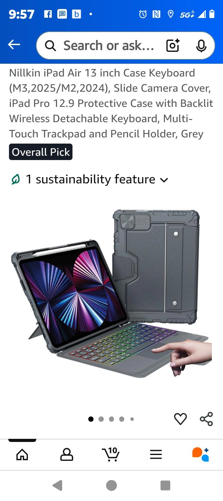 Nillkin for iPad Air 13 inch Case Keyboard(M3 2025 / M2 2024), iPad Pro 12.9 inch 3/4/5/6th Detachable Keyboard Case with Slide Camera Cover, Pencil H