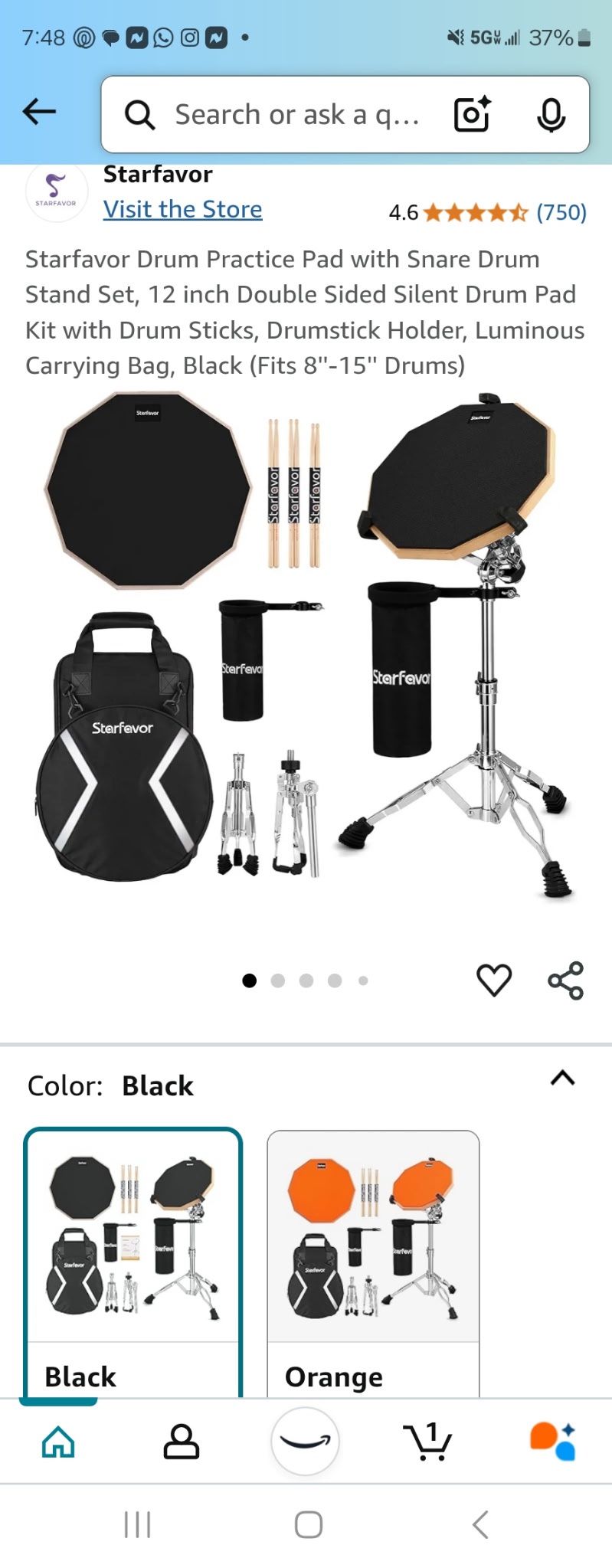 Starfavor Drum Practice Pad with Snare Drum Stand Set, 12-Inch Double Sided Silent Practice Pad with Drum Sticks, Drumstick Holder, Luminous Carrying