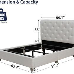 Queen Upholstered Platform Bed Frame with Button Tufted Headboard, Solid Wood Slats, No Box Spring Needed, 1000 lbs Capacity, Easy Assembly, Modern Cl