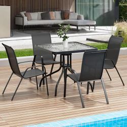 5 Pieces Patio Dining Set, Outdoor Patio Chairs with Square Table, Breathable Back, Glass Tabletop, Metal Frame