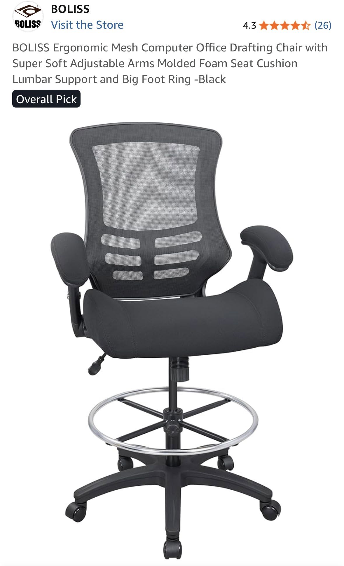 BOLISS Ergonomic Mesh Computer Office Drafting Chair Adjustable Arms Lumbar Foot Ring Black New/Box