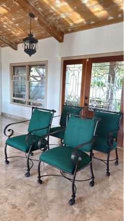 Woodard- (4) Iron Rolling Dining Chairs +Top/Bottom Cushions