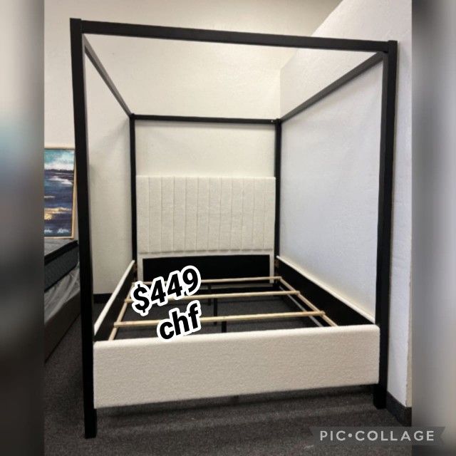 Boucle fabric king size canopy bed frame // Christmas sale
