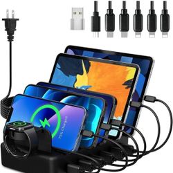 Charging Station for Multiple Devices, CREATIVE DESIGN 50W 6 Ports USB Charger Station with Apple Watch Holder & 6 Cables, Charging Dock for iPad Cell