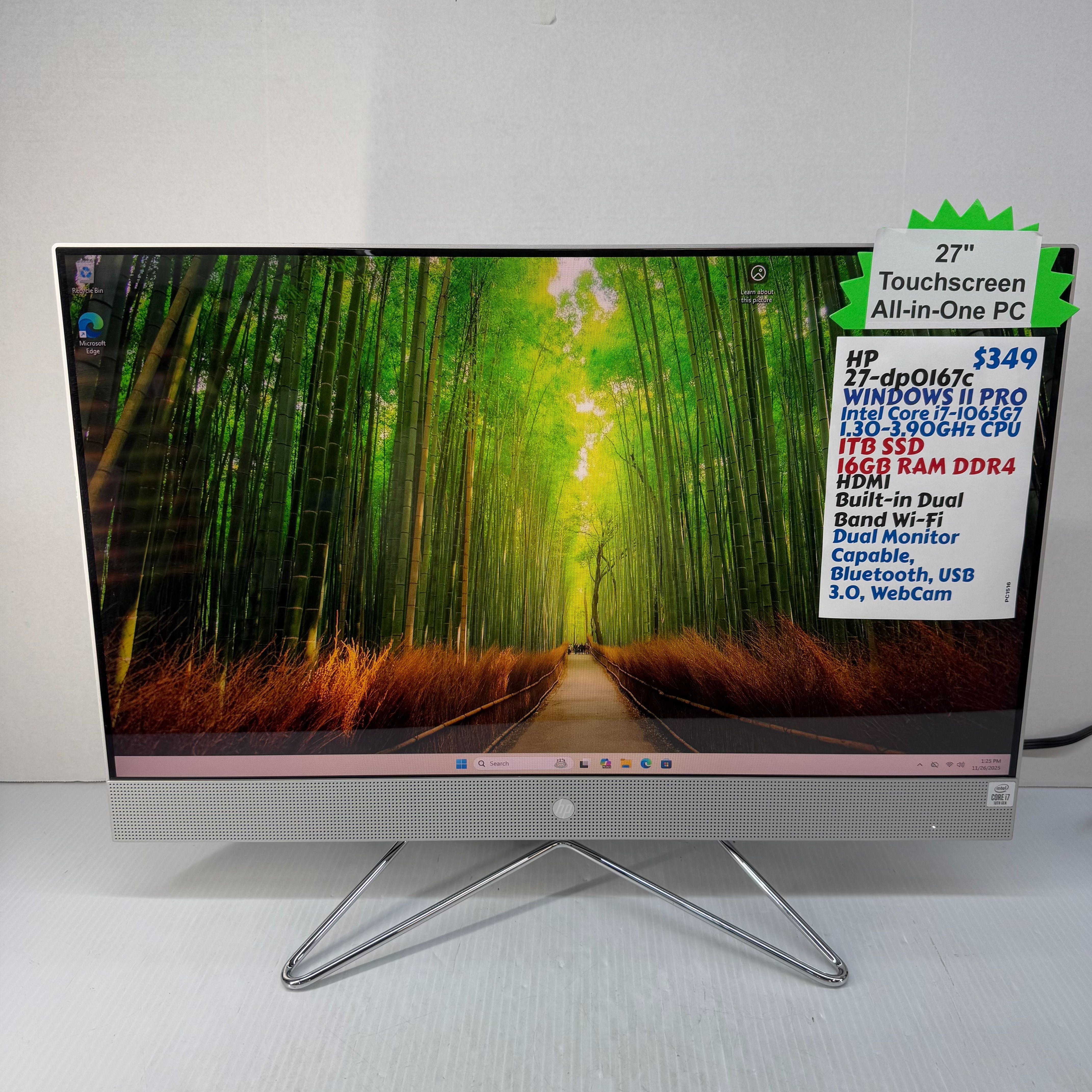 HP 27-dp0167c 27" 1920x1080 Touchscreen All-in-One PC i7-1065G7 Windows 11 Pro PC 1TB SSD 16GB RAM