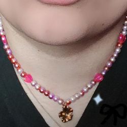 Cute Pink Golden Flower Charm Necklace 