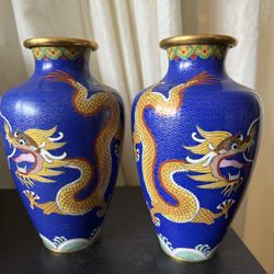 Pair of Vintage Cloisonné Vases Dragons In Blue Background