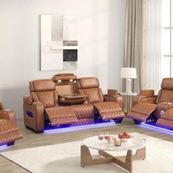 💕Brown Power Reclining Sofa Set, LED, Bluetooth, Storage, Lights