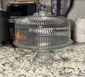 Vintage Anchor Hocking Monaco Clear Ribbed Glass Pedestal Cake Plate & Dome - 11"no chips or cracks