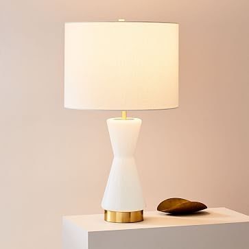 Metalized Glass Table Lamp + USB, Large, White, Antique Brass
