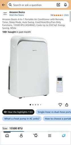 Amazon Basics 4-In-1 Portable Air Conditioner 13500 BTU White